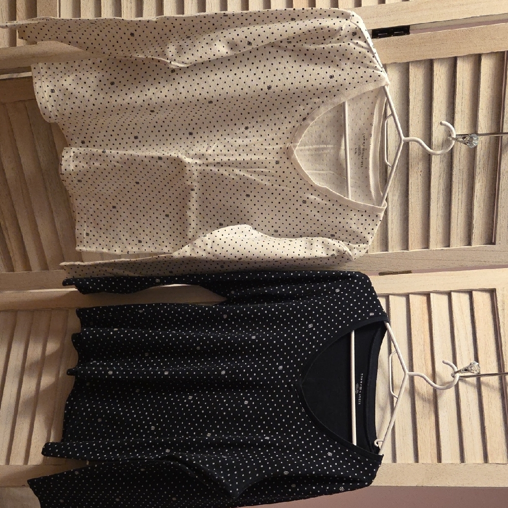 Tommy Hilfiger White and Navy Polka Dot Long Sleeve Tops